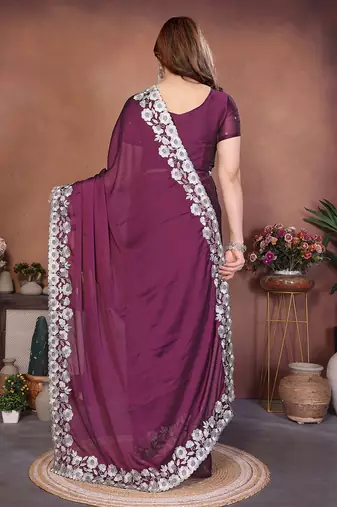 purple rangoli silk blend heavy thread embroidery work saree with blouse
