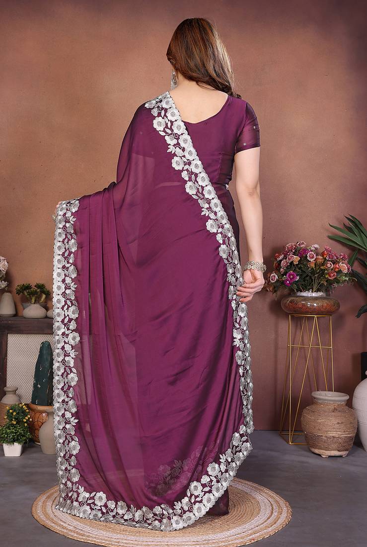Purple rangoli silk heavy thread embroidery work saree with blouse
