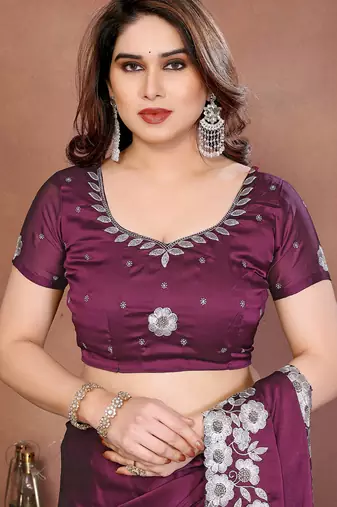 purple rangoli silk blend heavy thread embroidery work saree with blouse
