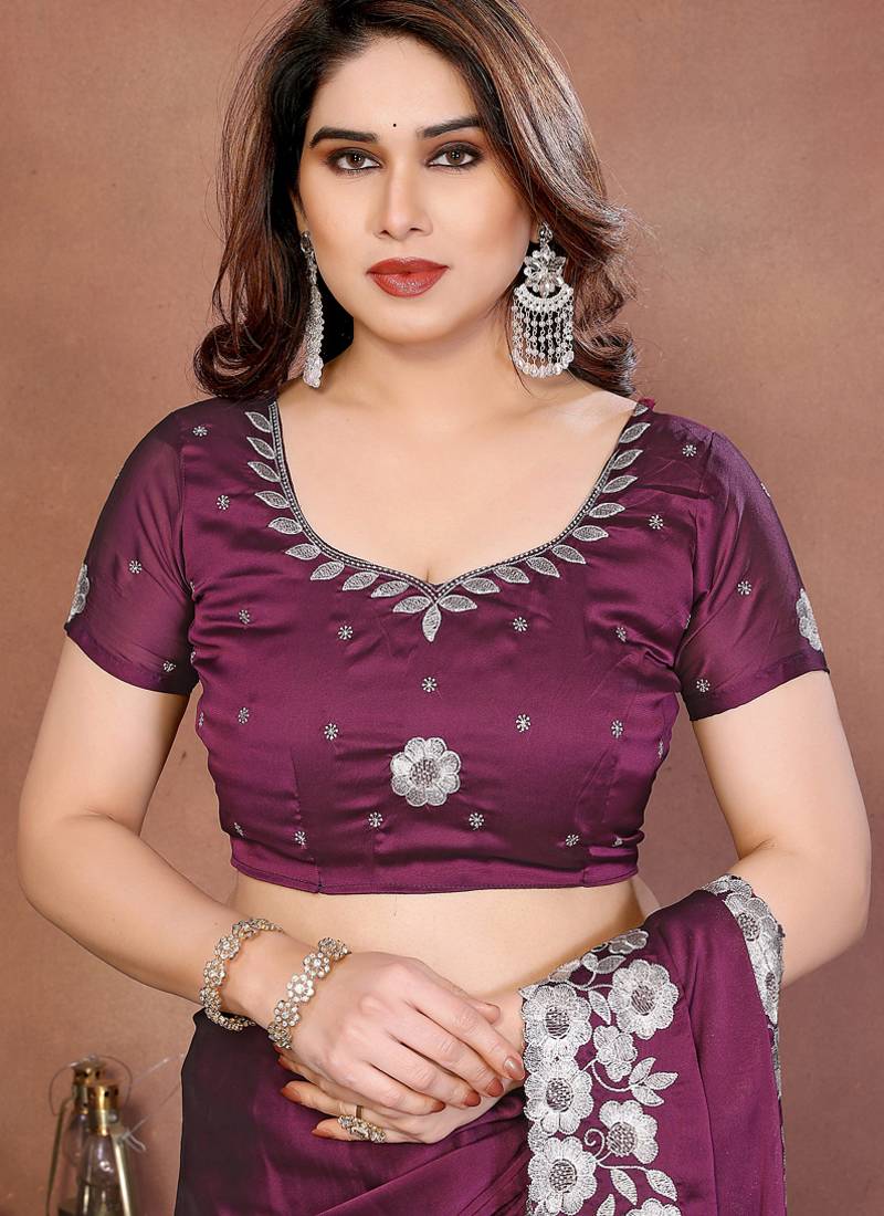 Purple rangoli silk heavy thread embroidery work saree with blouse