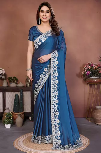 blue rangoli silk blend heavy thread embroidery work saree with blouse