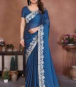 Blue rangoli silk heavy thread embroidery work saree with blouse
