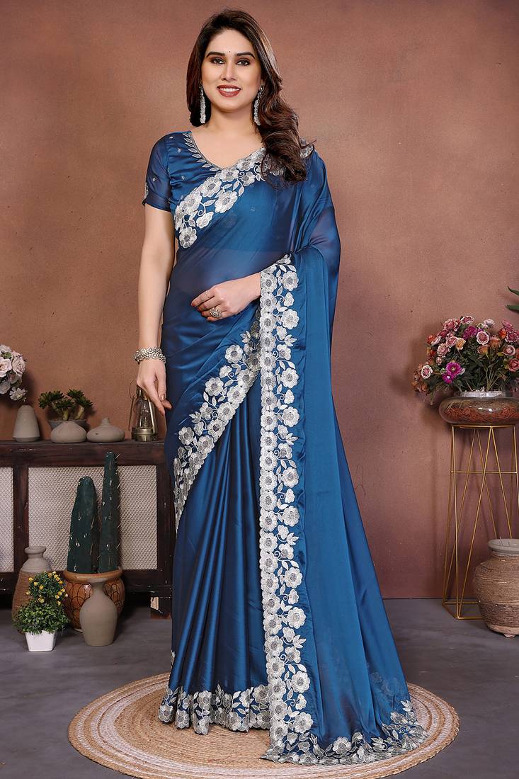 Blue rangoli silk heavy thread embroidery work saree with blouse