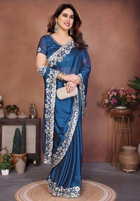 blue rangoli silk blend heavy thread embroidery work saree with blouse 2