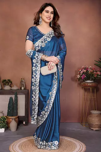 blue rangoli silk blend heavy thread embroidery work saree with blouse