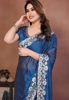 blue rangoli silk blend heavy thread embroidery work saree with blouse 3