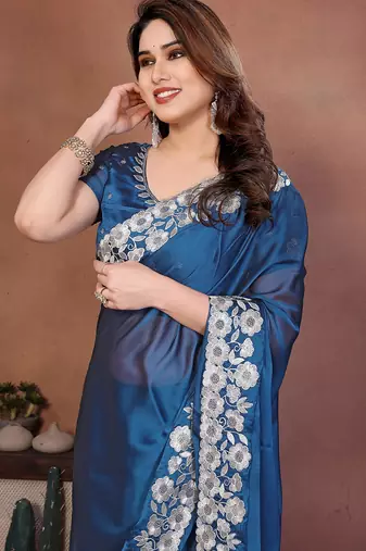blue rangoli silk blend heavy thread embroidery work saree with blouse