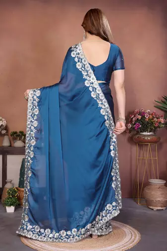 blue rangoli silk blend heavy thread embroidery work saree with blouse