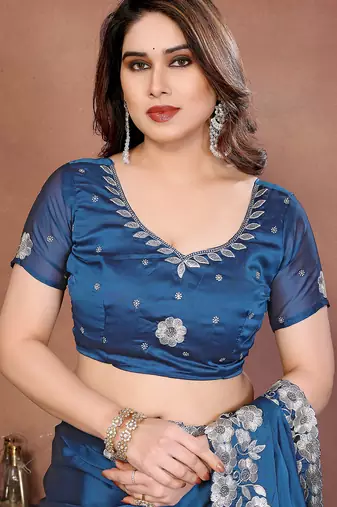 blue rangoli silk blend heavy thread embroidery work saree with blouse