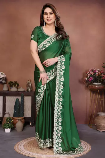 Green rangoli silk heavy thread embroidery work saree with blouse