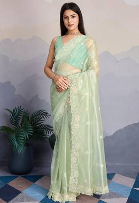pista green fancy heavy thread embroidery with sequins work saree with blouse 1