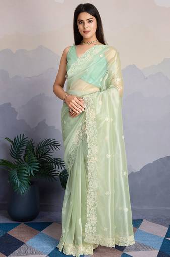 pista green fancy heavy thread embroidery with sequins work saree with blouse