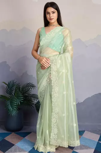 pista green fancy heavy thread embroidery with sequins work saree with blouse