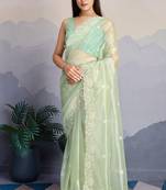 pista green fancy heavy thread embroidery with sequins work saree with blouse