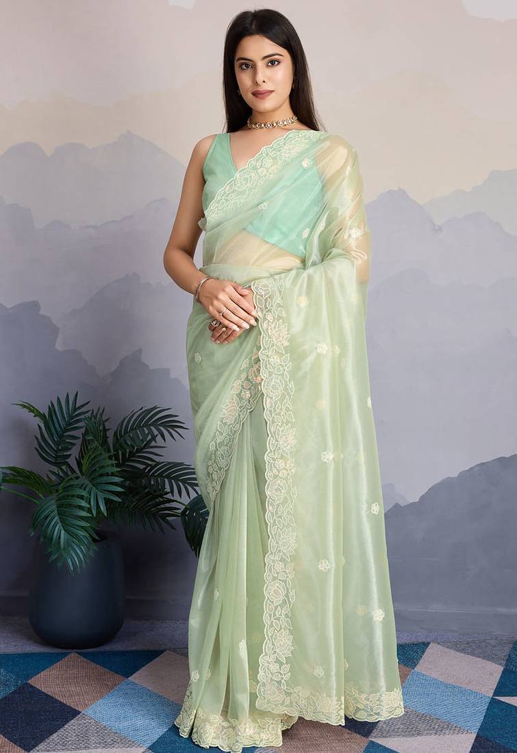 Pista green fancy heavy thread embroidery with sequins work saree with blouse