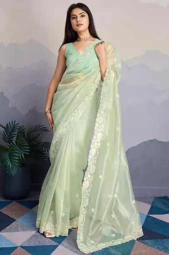 pista green fancy heavy thread embroidery with sequins work saree with blouse