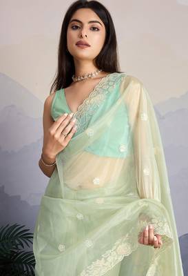 pista green fancy heavy thread embroidery with sequins work saree with blouse 3