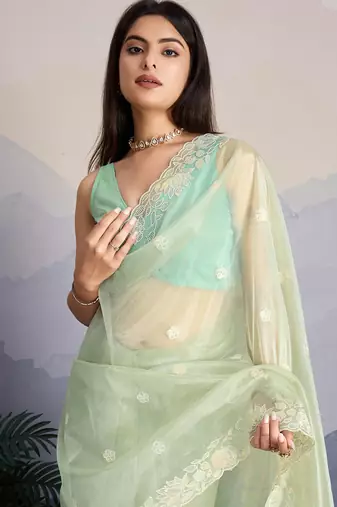 pista green fancy heavy thread embroidery with sequins work saree with blouse