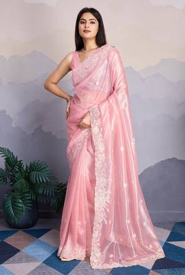 pink fancy heavy thread embroidery with sequins work saree with blouse 1
