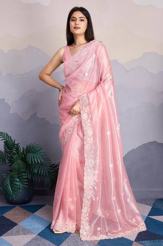 Pink fancy heavy thread embroidery with sequins work saree with blouse