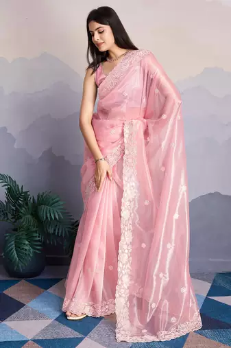 pink fancy heavy thread embroidery with sequins work saree with blouse