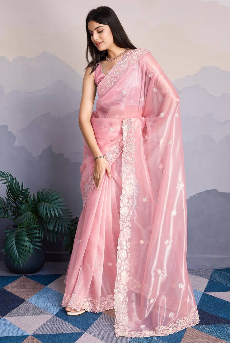 Pink fancy heavy thread embroidery with sequins work saree with blouse