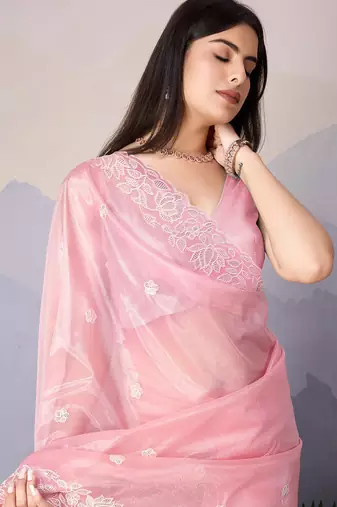 pink fancy heavy thread embroidery with sequins work saree with blouse