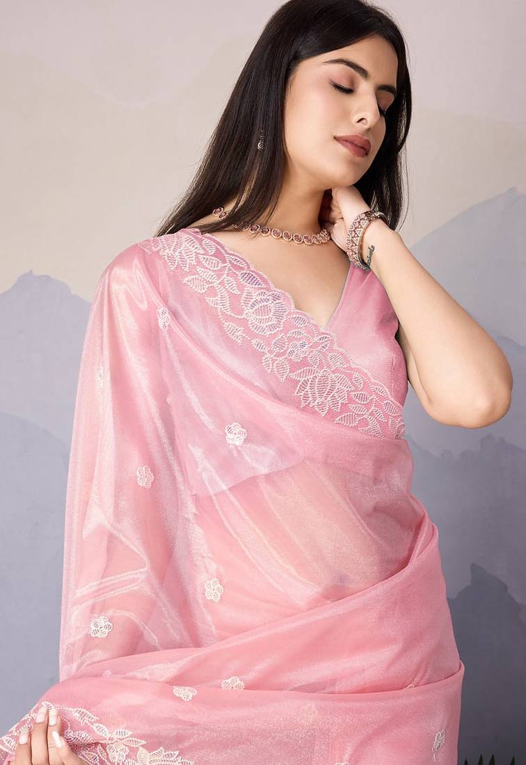 Pink fancy heavy thread embroidery with sequins work saree with blouse
