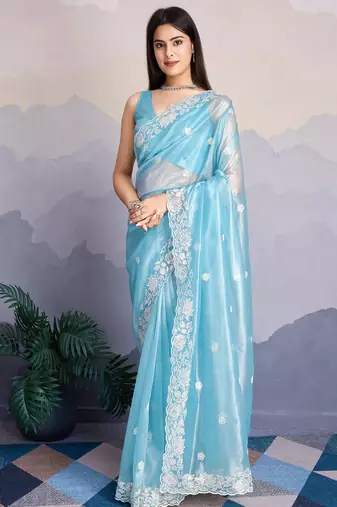 sky blue fancy heavy thread embroidery with sequins work saree with blouse