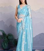 Sky blue fancy heavy thread embroidery with sequins work saree with blouse