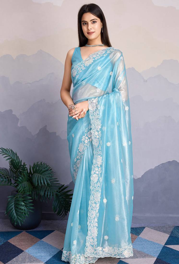 Sky blue fancy heavy thread embroidery with sequins work saree with blouse
