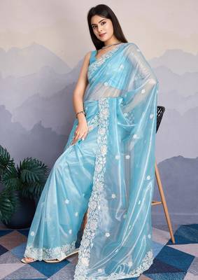 sky blue fancy heavy thread embroidery with sequins work saree with blouse 2