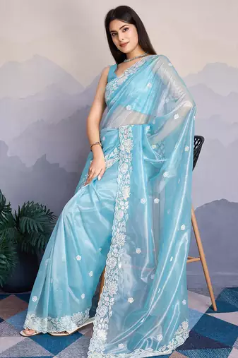 sky blue fancy heavy thread embroidery with sequins work saree with blouse