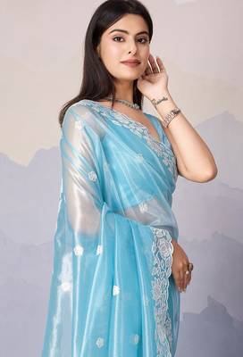 sky blue fancy heavy thread embroidery with sequins work saree with blouse 3