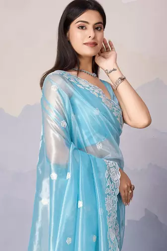 sky blue fancy heavy thread embroidery with sequins work saree with blouse