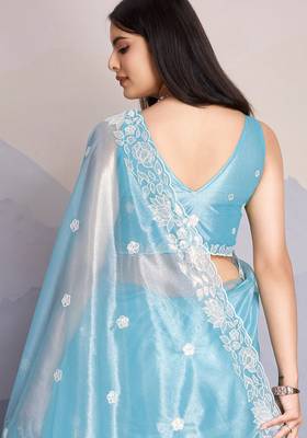 sky blue fancy heavy thread embroidery with sequins work saree with blouse 4