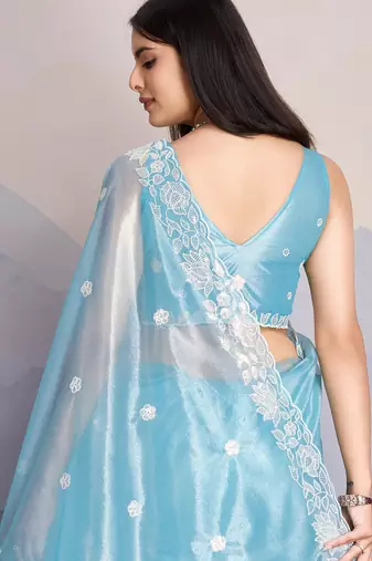 sky blue fancy heavy thread embroidery with sequins work saree with blouse