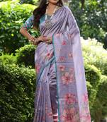 Lavender tussar silk floral printed saree with blouse