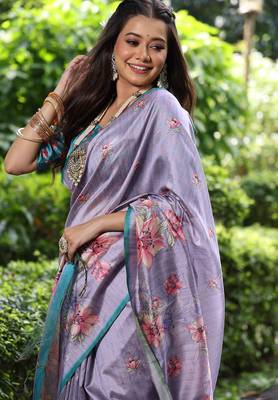 lavender tussar silk blend floral printed saree with blouse 2