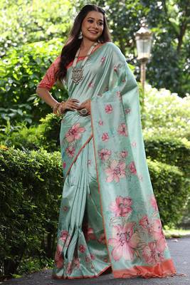 pista green tussar silk blend floral printed saree with blouse 1