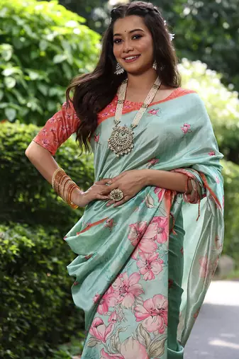 pista green tussar silk blend floral printed saree with blouse