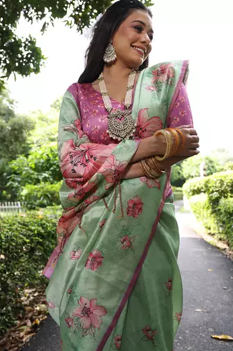 light green tussar silk blend floral printed saree with blouse