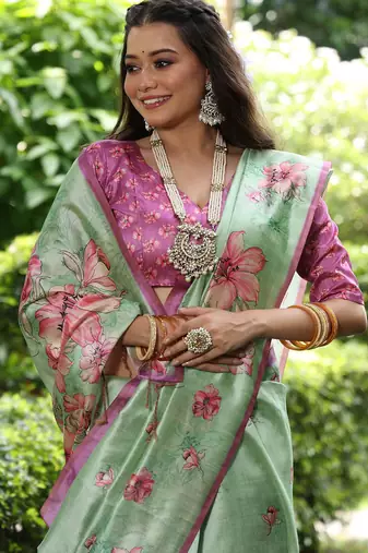 light green tussar silk blend floral printed saree with blouse