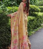 Light yellow tussar silk floral printed saree with blouse