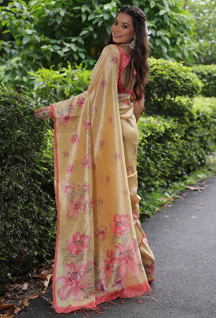Light yellow tussar silk floral printed saree with blouse