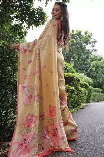 light yellow tussar silk blend floral printed saree with blouse