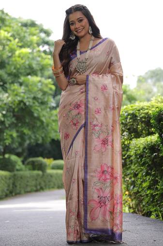 cream tussar silk blend floral printed saree with blouse