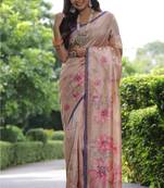 Cream tussar silk floral printed saree with blouse