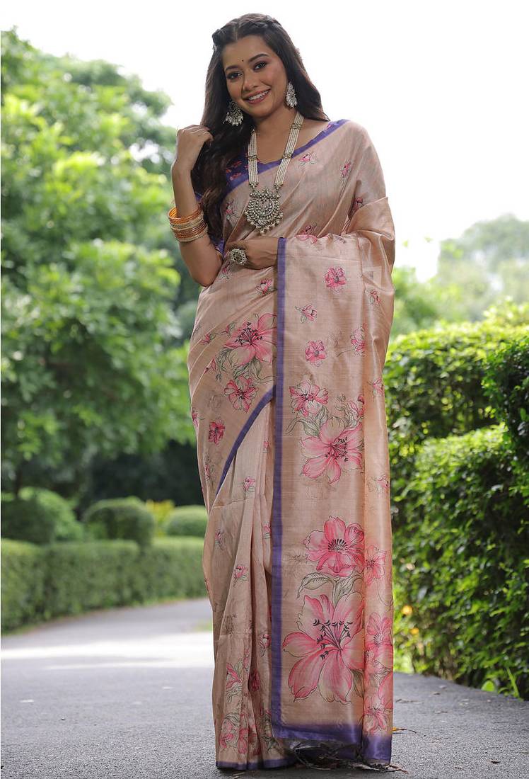 Cream tussar silk floral printed saree with blouse