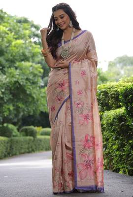 cream tussar silk blend floral printed saree with blouse 2
